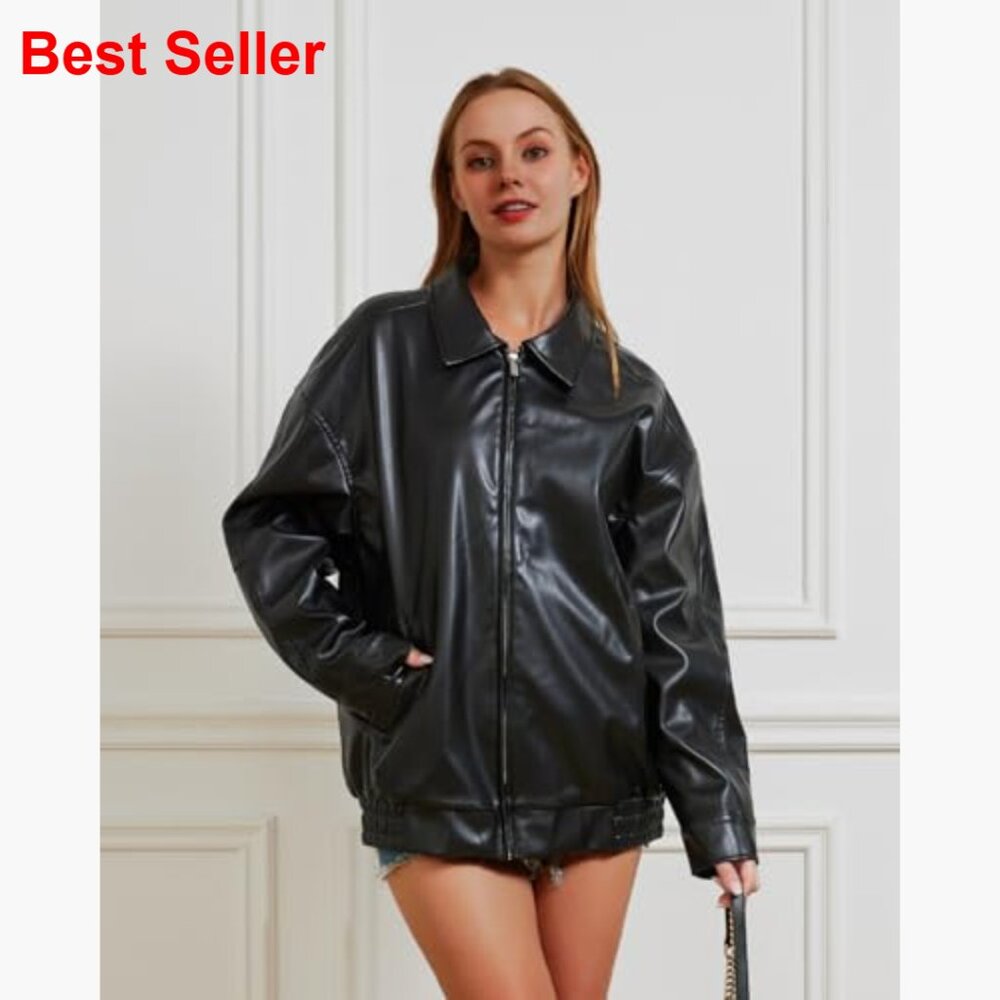 Oversized Faux Leather Jacket Women Motorcycle Coat Fall Winter - Picture 6 of 7